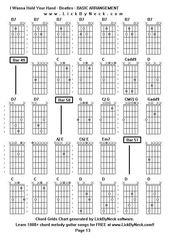 Chord Grids Chart of chord melody fingerstyle guitar song-I Wanna Hold Your Hand - Beatles - BASIC ARRANGEMENT,generated by LickByNeck software.